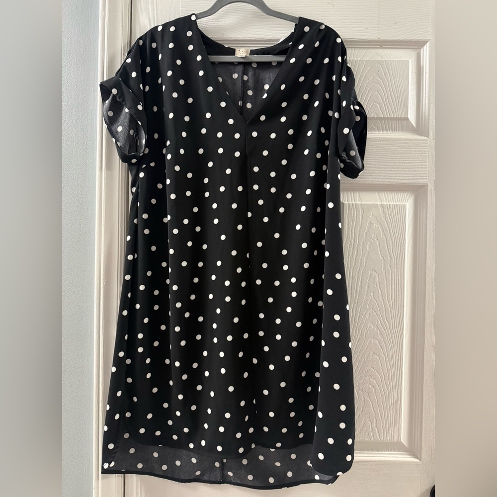 A New Day Black And White Polka Dot V-Neck Short Sleeve Shift Dress Size XL